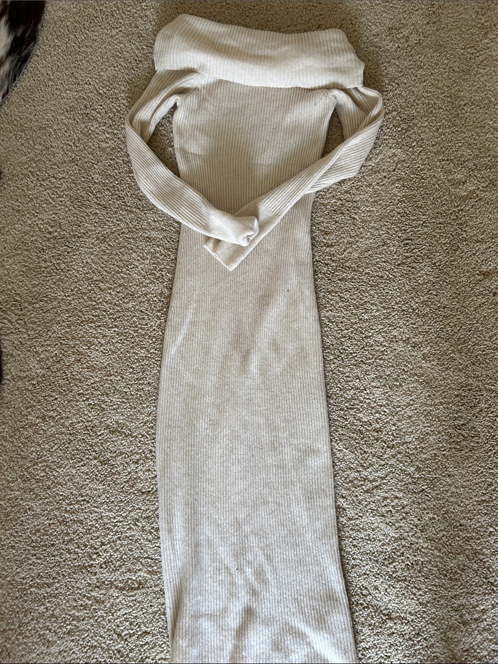 Reformation Cashmere Off-Shoulder Ribbed Maxi Dress in Cream